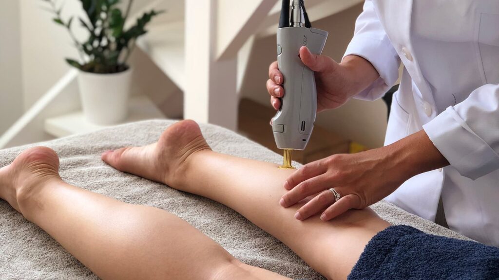 Le Dr Emma Lavocat en pleine séance d'épilation définitive avec le laser GentleMax Pro au sein de son cabinet de Bordeaux